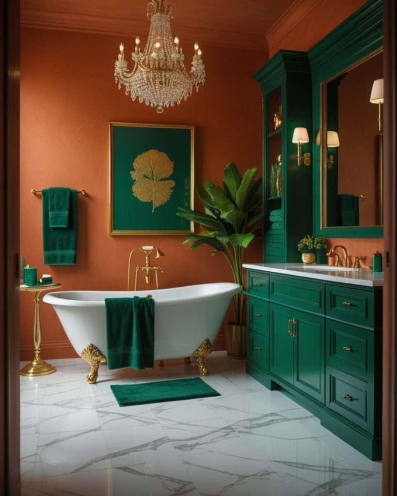 Luxurious Terracotta Bathroom Infused with Emerald Green Elegance