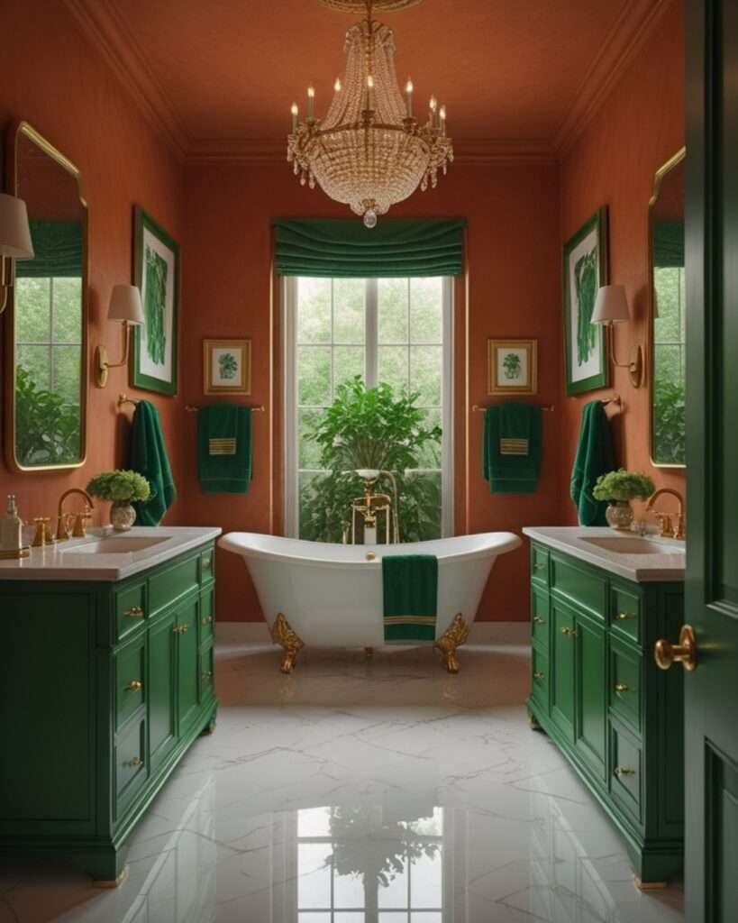 Luxurious Terracotta Bathroom Infused with Emerald Green Elegance