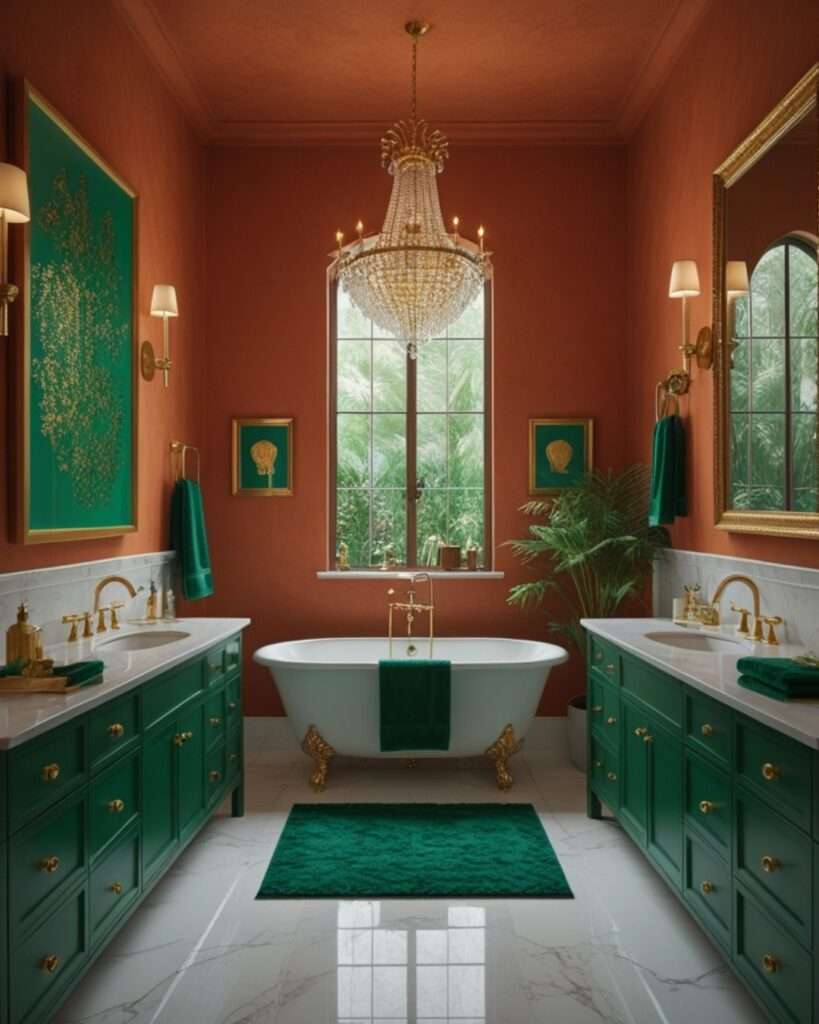 Luxurious Terracotta Bathroom Infused with Emerald Green Elegance