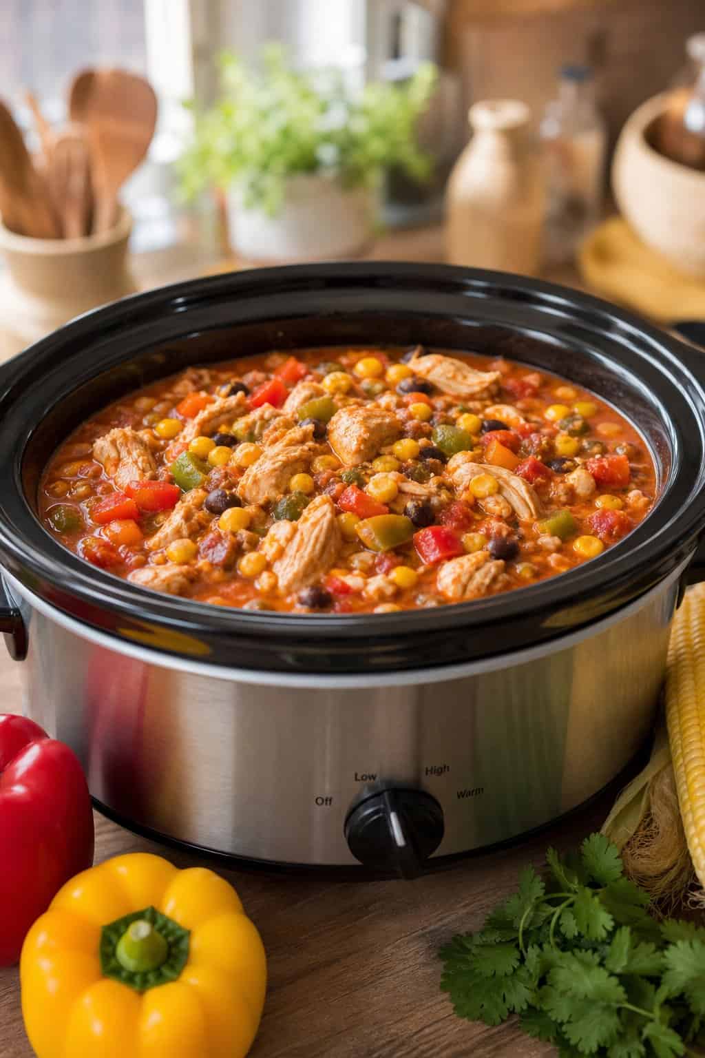 Hearty Slow-Cooker Chicken Chili with Sweet Corn and Bell Peppers