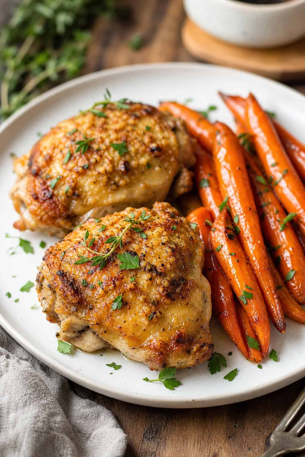 Crispy Parmesan Garlic Chicken Thighs Roasted with Sweet Carrots