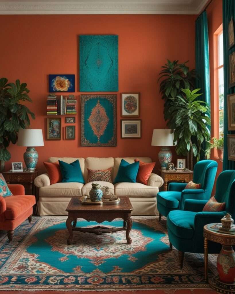 Bohemian Terracotta Living Room With Turquoise Accents