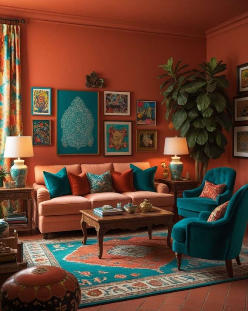 Bohemian Terracotta Living Room With Turquoise Accents