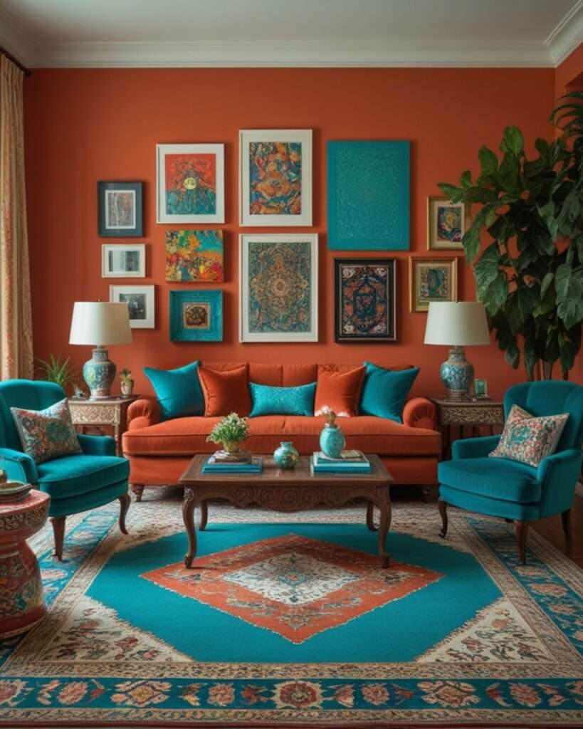 Bohemian Terracotta Living Room With Turquoise Accents