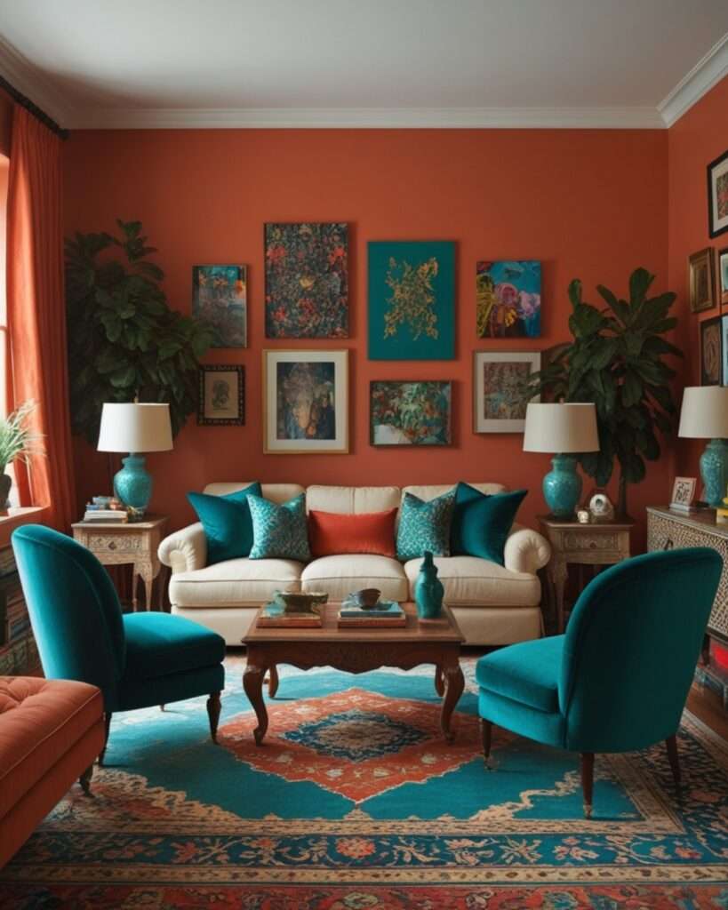 Bohemian Terracotta Living Room With Turquoise Accents