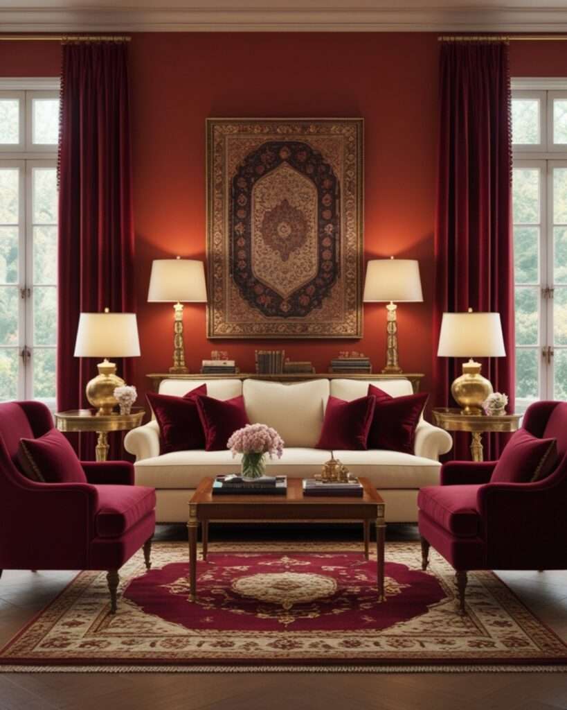 Luxurious Terracotta Living Room With Burgundy Accents