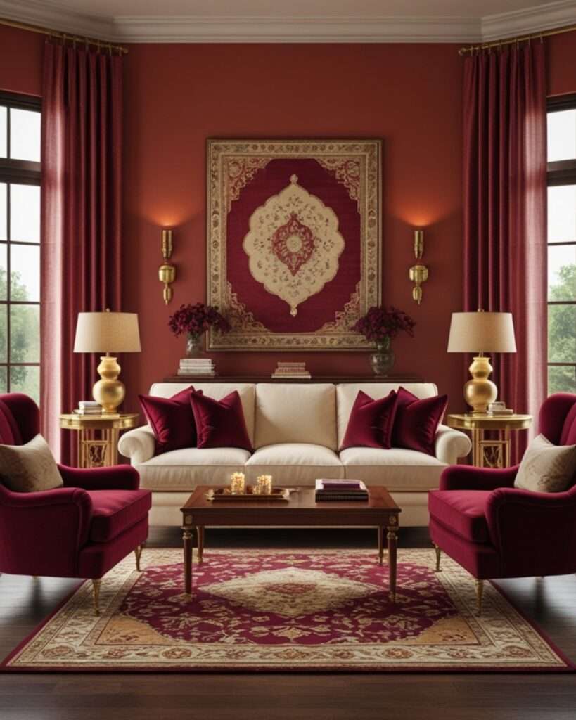 Luxurious Terracotta Living Room With Burgundy Accents