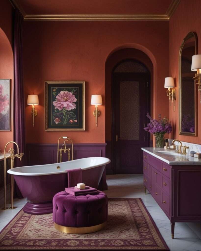 Elegant Terracotta Bathroom with Deep Plum Hues and Golden Highlights