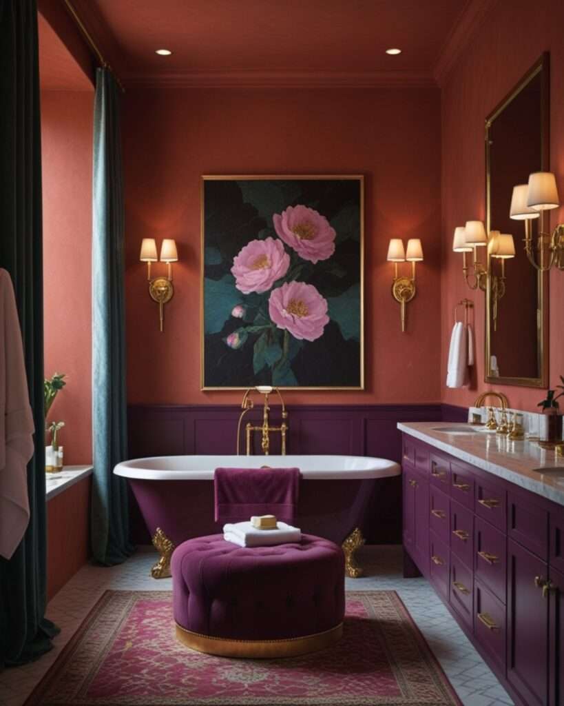 Elegant Terracotta Bathroom with Deep Plum Hues and Golden Highlights