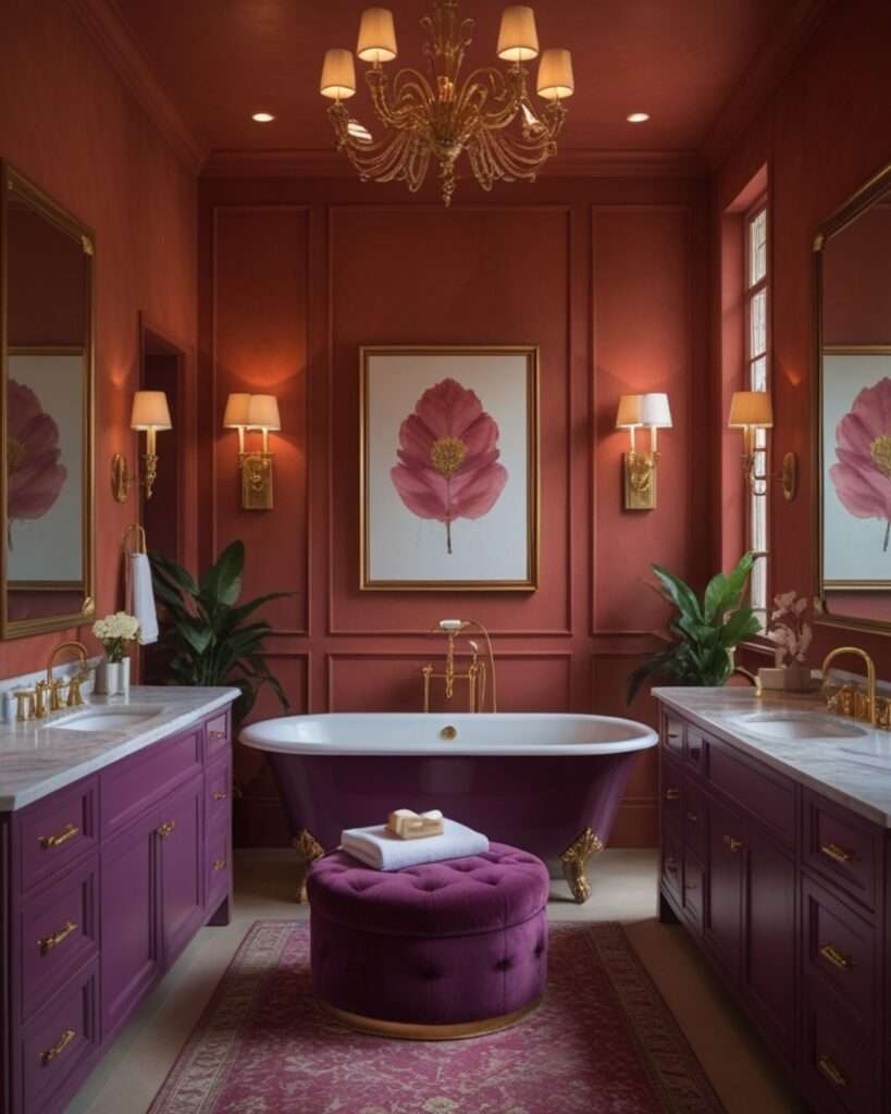 Elegant Terracotta Bathroom with Deep Plum Hues and Golden Highlights