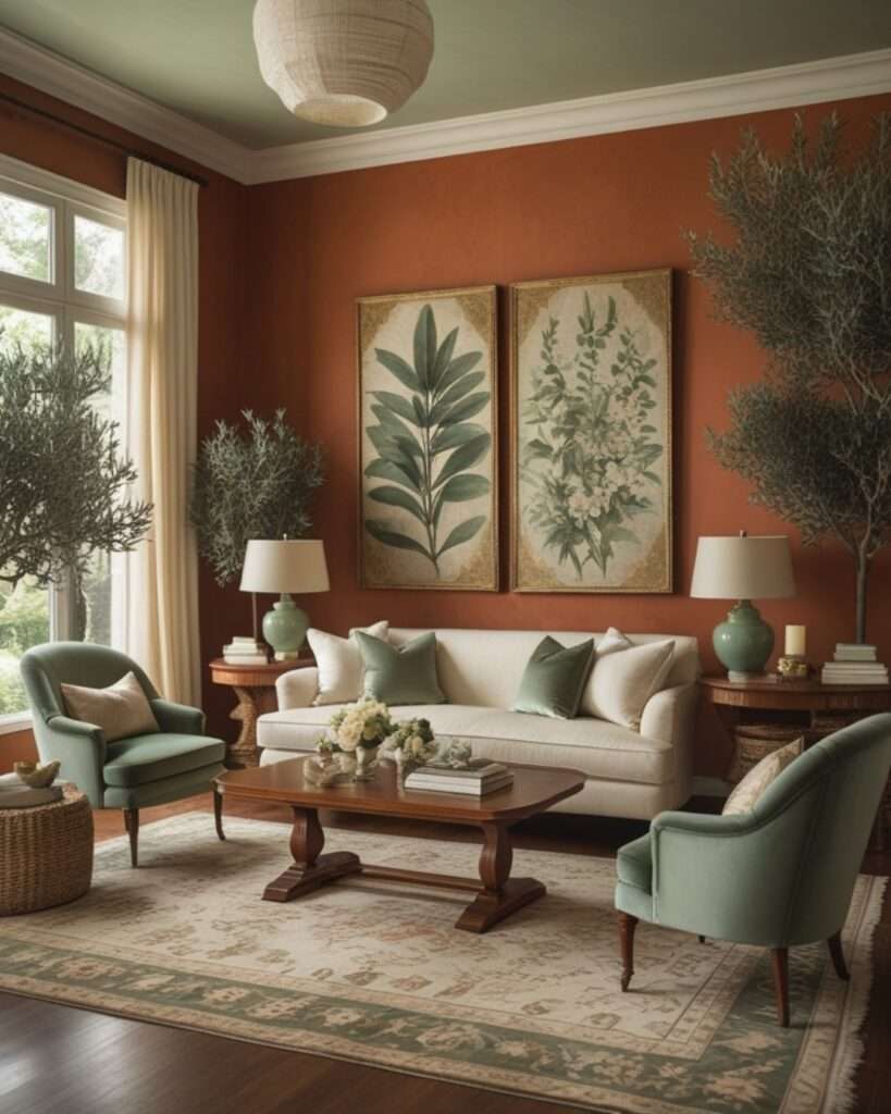 Nature-Inspired Terracotta Living Room With Sage Green Accents