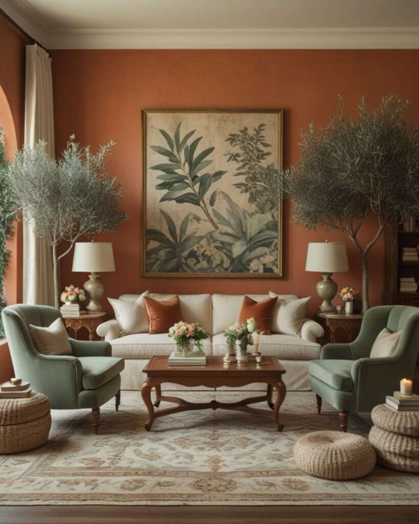 Nature-Inspired Terracotta Living Room With Sage Green Accents