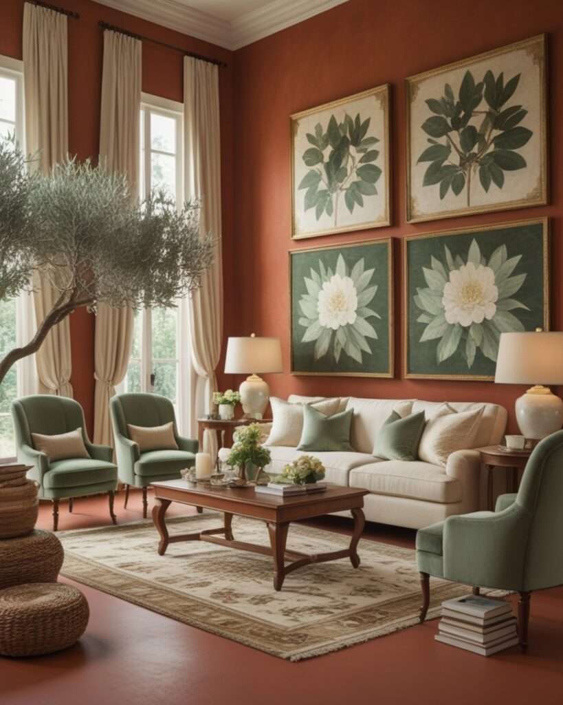 Nature-Inspired Terracotta Living Room With Sage Green Accents