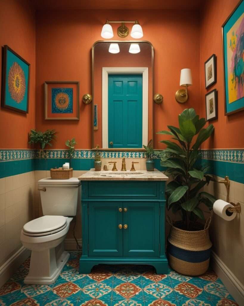 Mediterranean Charm: Terracotta Hues Meet Turquoise Accents in Bathroom Design
