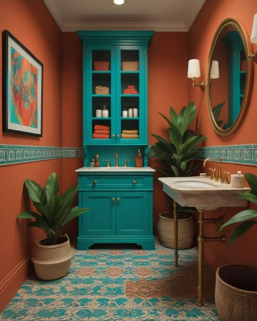 Mediterranean Charm: Terracotta Hues Meet Turquoise Accents in Bathroom Design