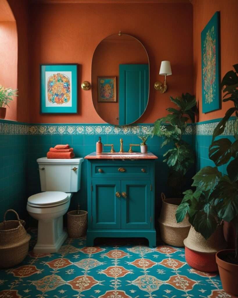 Mediterranean Charm: Terracotta Hues Meet Turquoise Accents in Bathroom Design