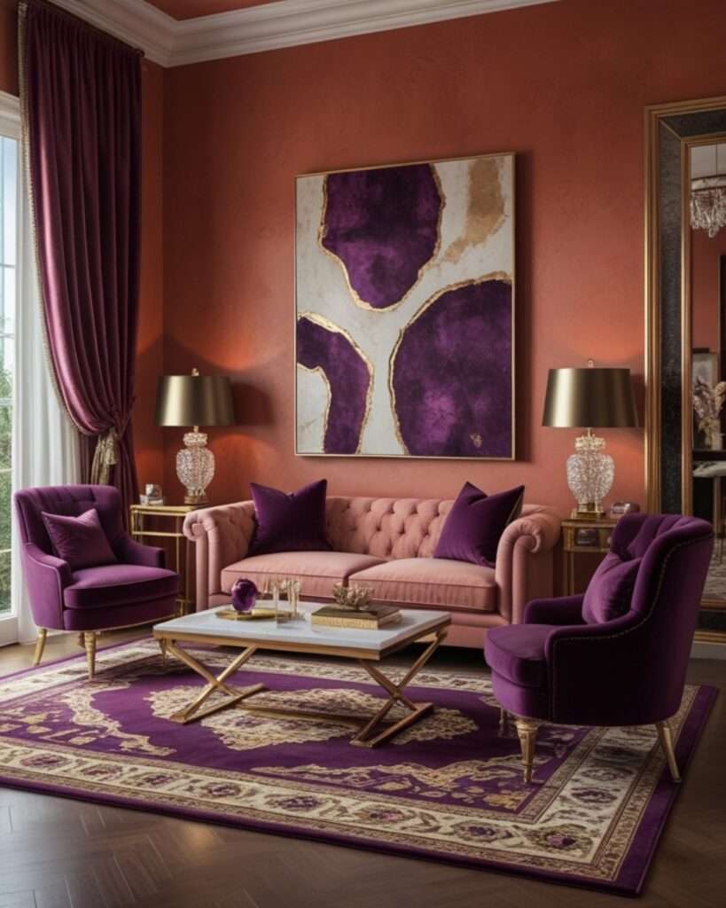 Glamorous Terracotta Living Room With Plum Purple Accents