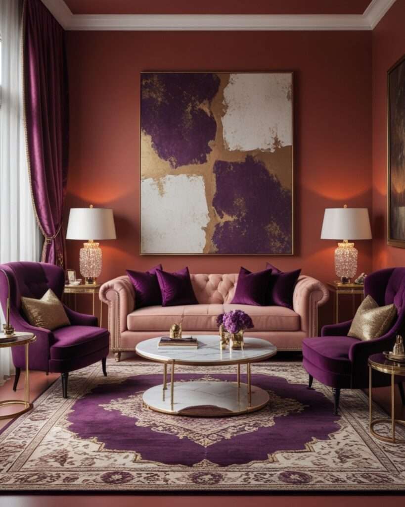 Glamorous Terracotta Living Room With Plum Purple Accents