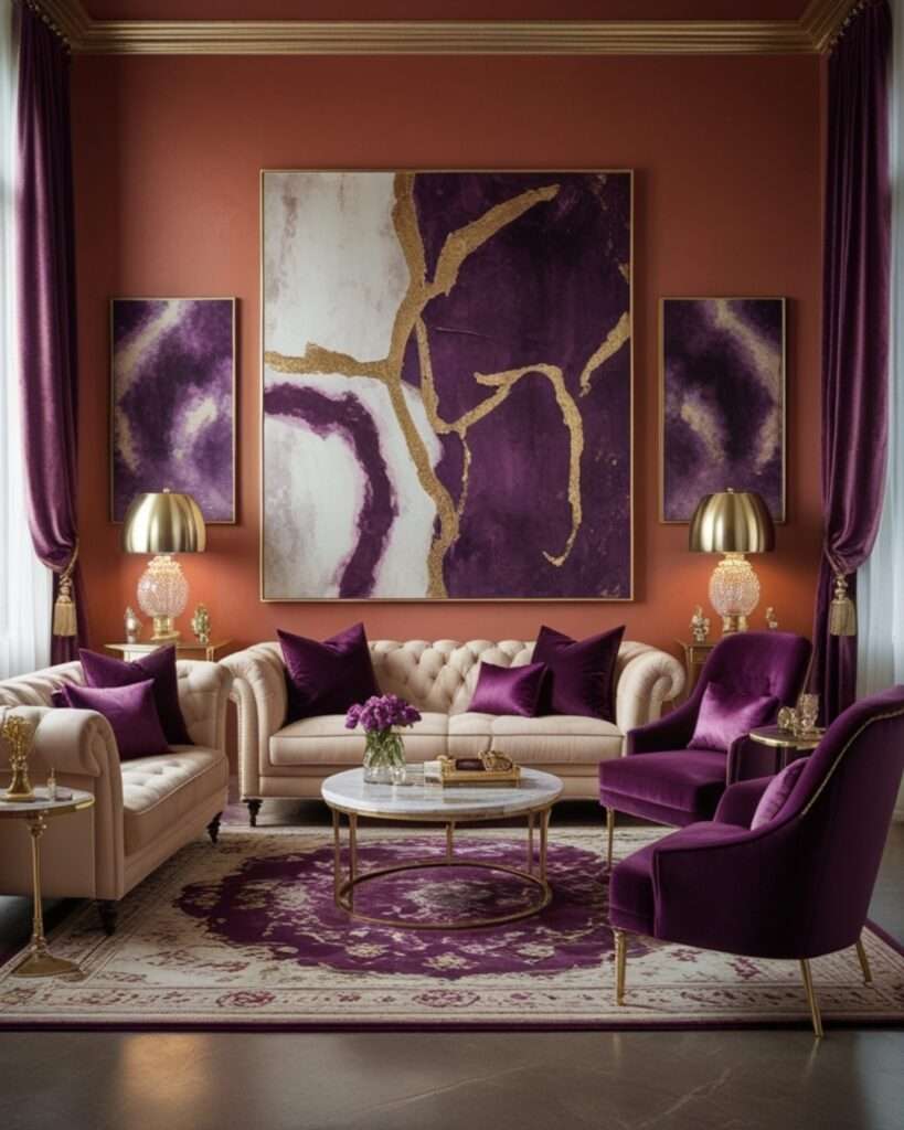 Glamorous Terracotta Living Room With Plum Purple Accents