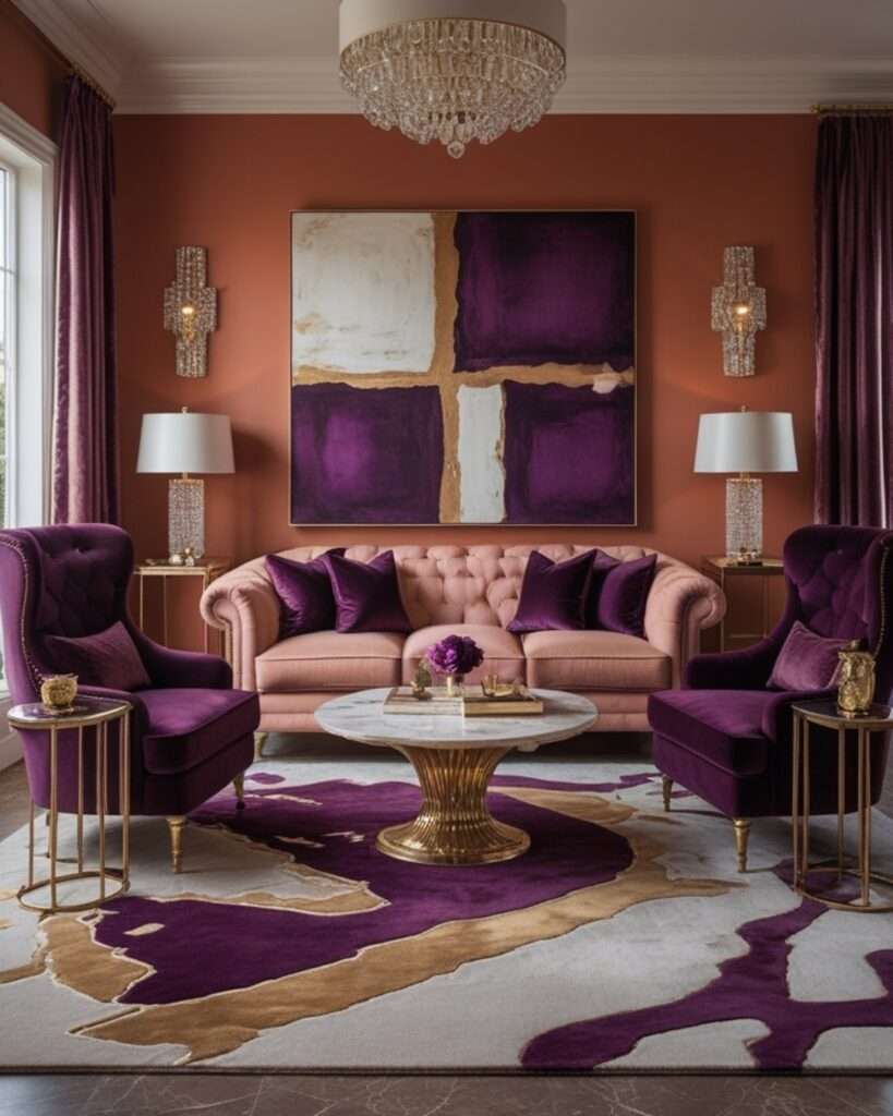 Glamorous Terracotta Living Room With Plum Purple Accents