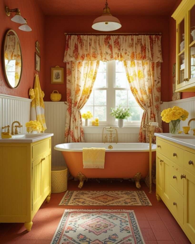 Warm Terracotta Bathroom Enhanced with Sunny Yellow Highlights