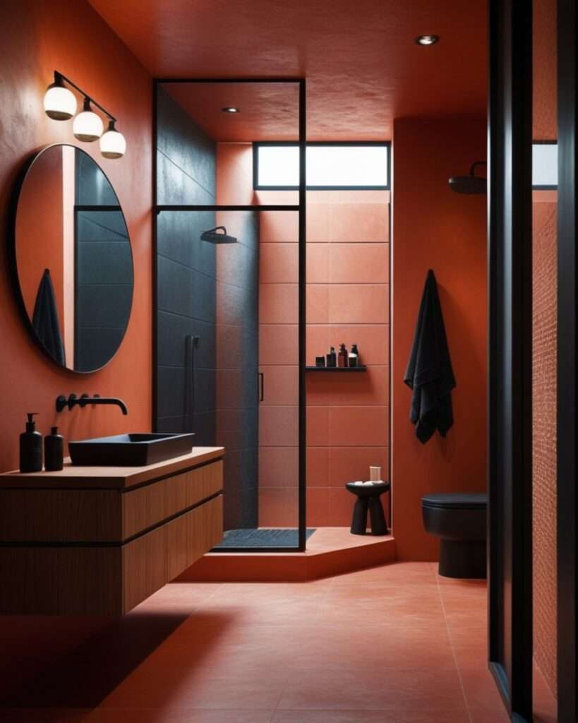 Chic Terracotta Bathroom Featuring Striking Black Details