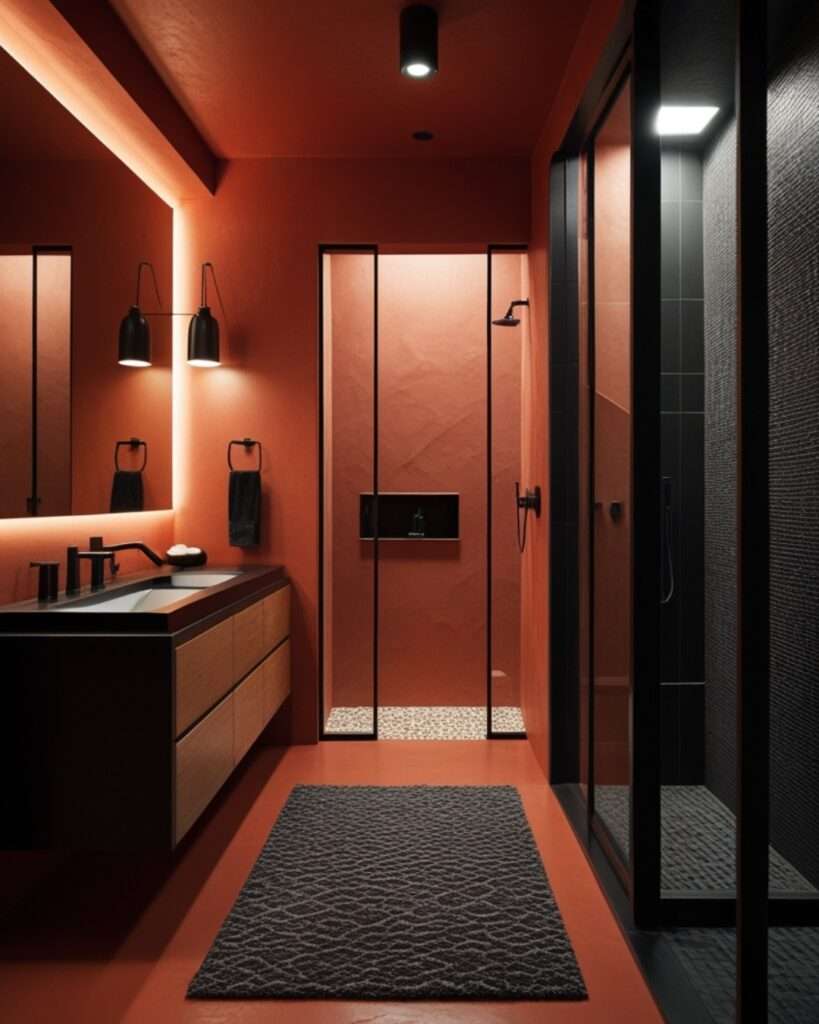 Chic Terracotta Bathroom Featuring Striking Black Details