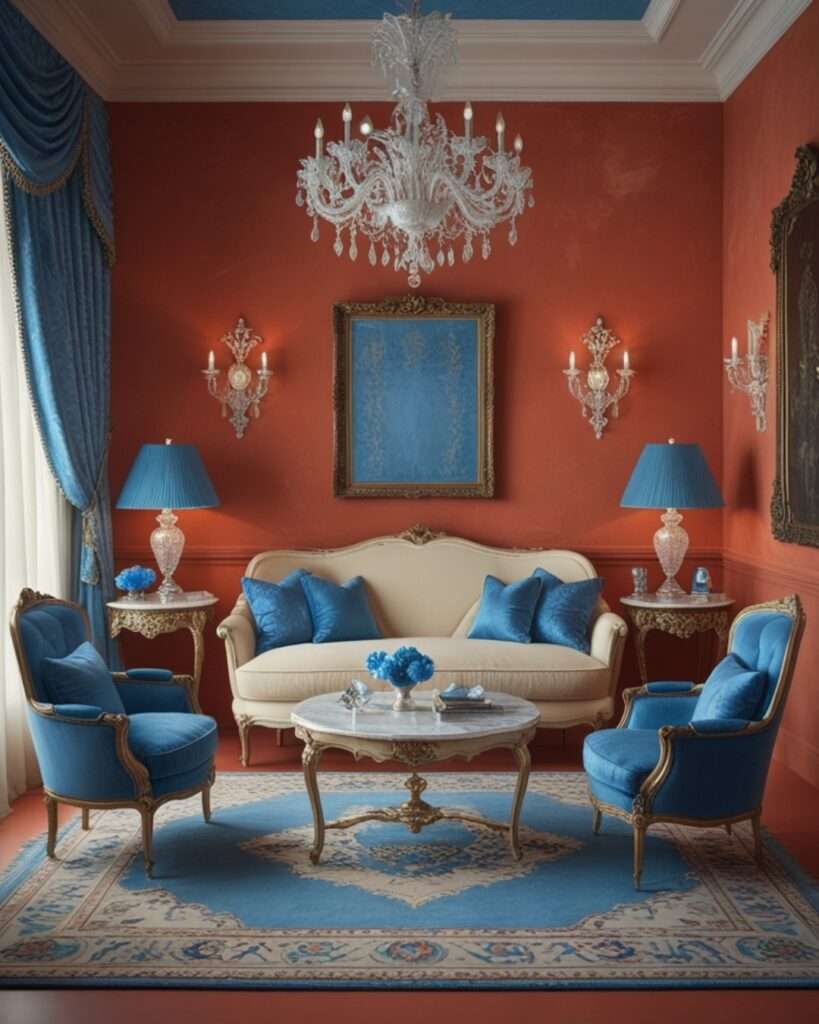 Elegant Terracotta Living Room With Royal Blue Accents