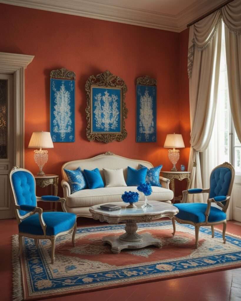 Elegant Terracotta Living Room With Royal Blue Accents