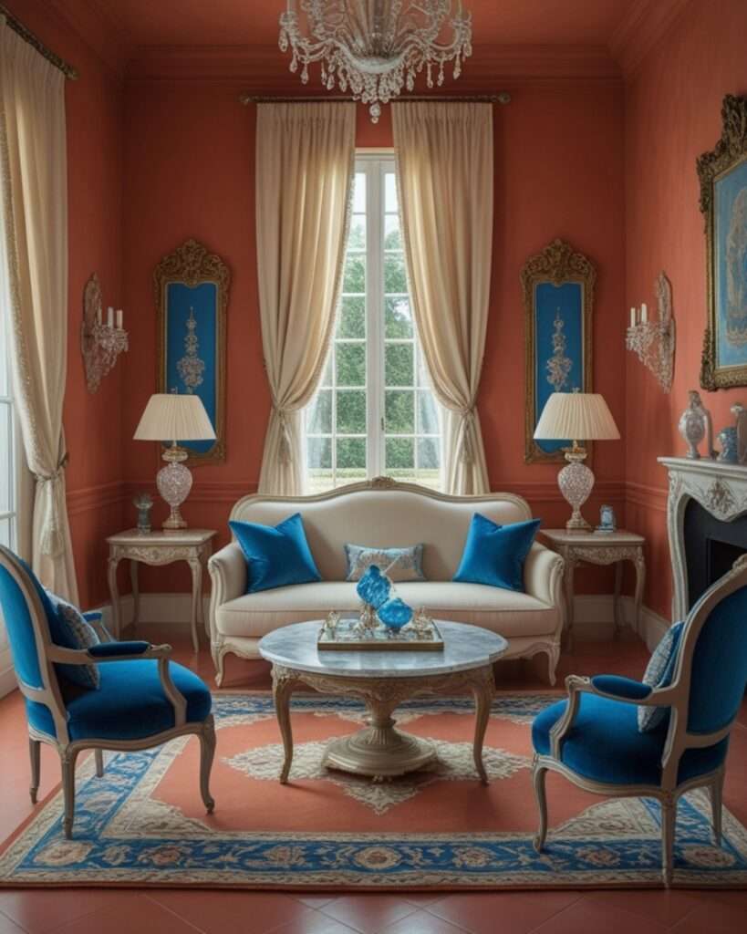 Elegant Terracotta Living Room With Royal Blue Accents