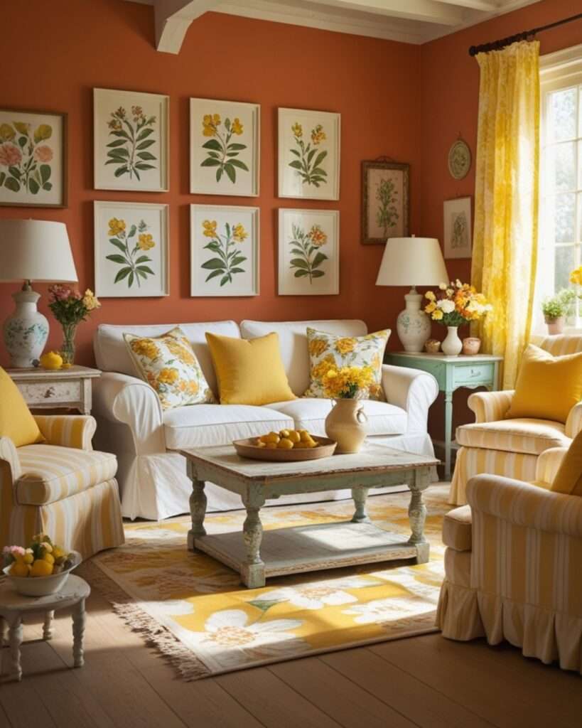 Cheerful Terracotta Living Room With Sunny Yellow Accents