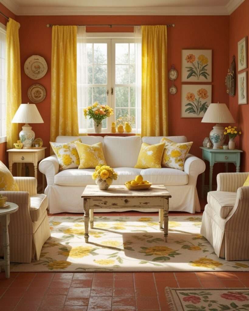 Cheerful Terracotta Living Room With Sunny Yellow Accents