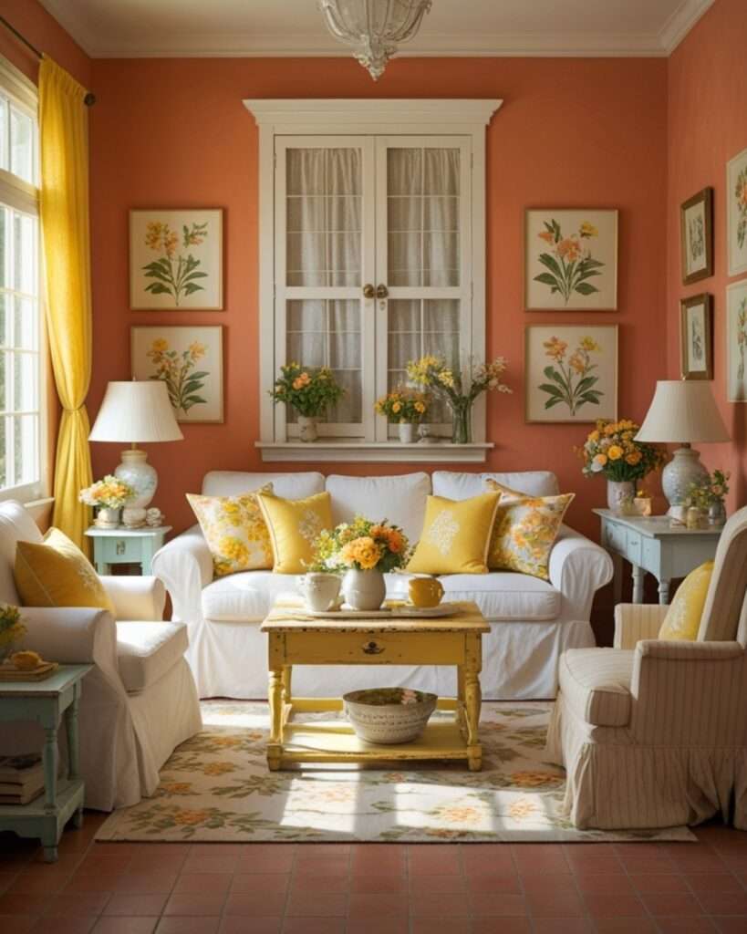 Cheerful Terracotta Living Room With Sunny Yellow Accents