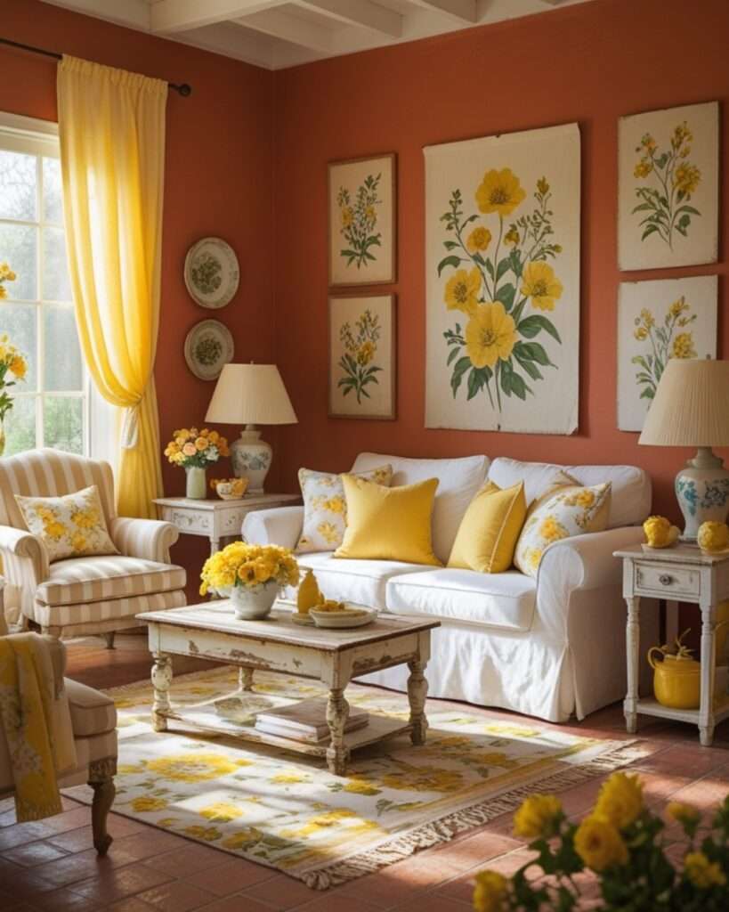 Cheerful Terracotta Living Room With Sunny Yellow Accents