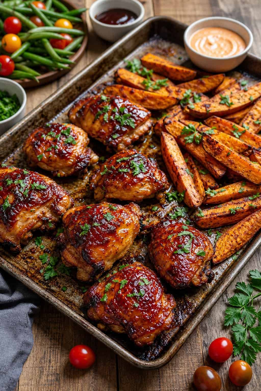 Oven-Roasted BBQ Chicken Thighs with Crispy Sweet Potato Wedges