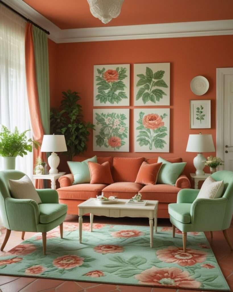 Cottage-Inspired Terracotta Living Room With Mint Green Accents