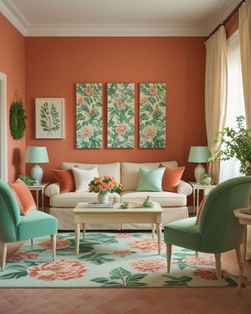 Cottage-Inspired Terracotta Living Room With Mint Green Accents
