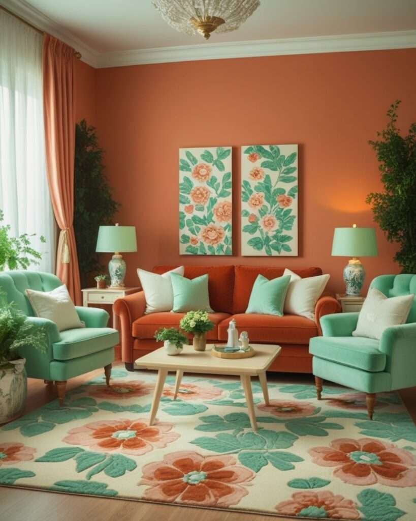 Cottage-Inspired Terracotta Living Room With Mint Green Accents