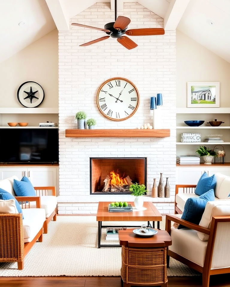 Inviting Beachside Living Room Centered Around a Fireplace