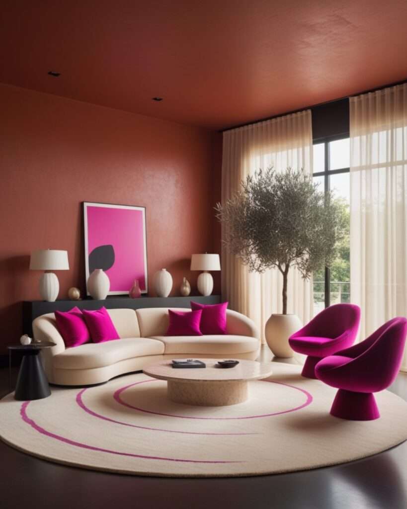 Modern Terracotta Living Room With Fuchsia Accents