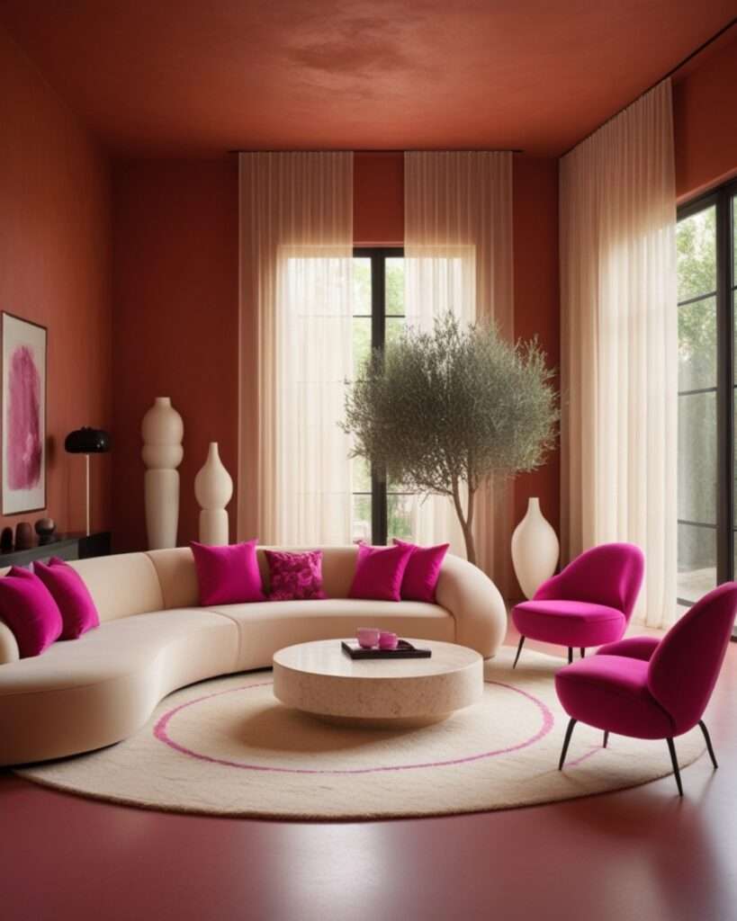 Modern Terracotta Living Room With Fuchsia Accents