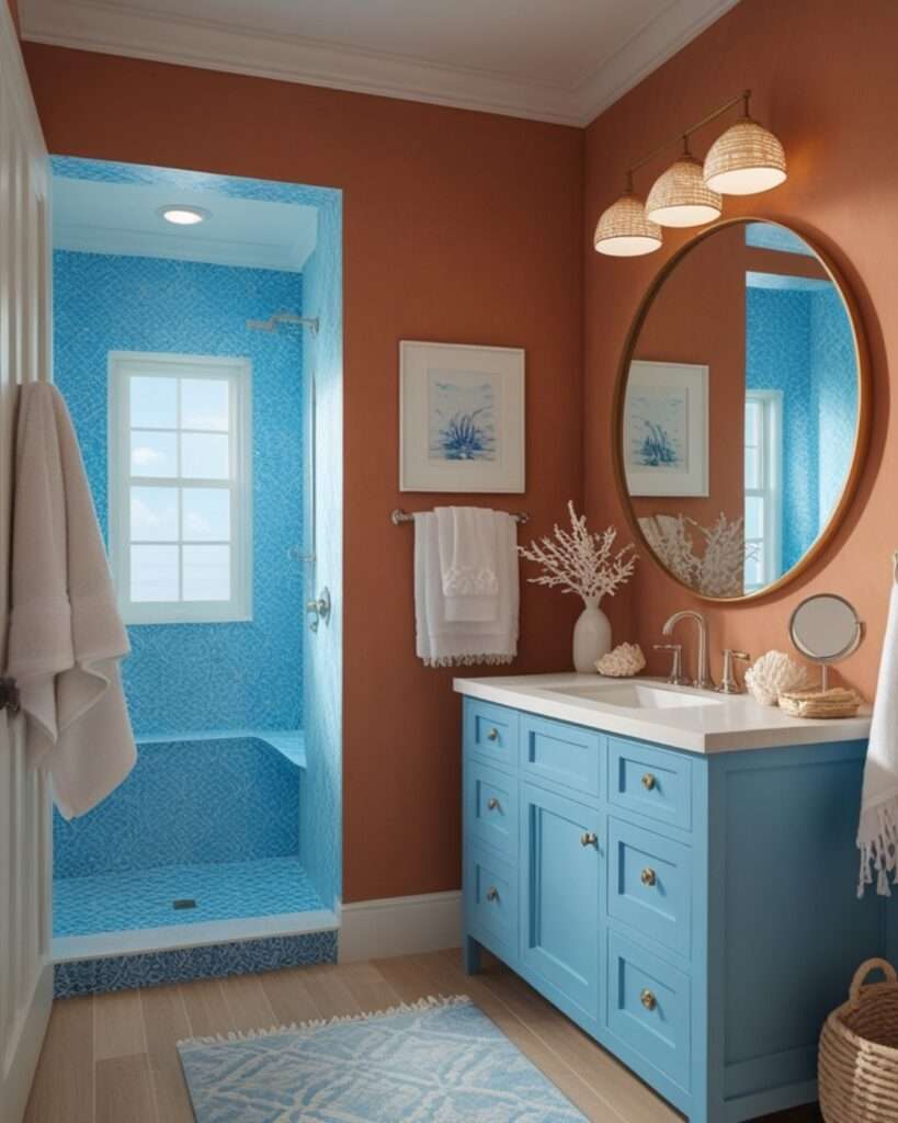 Sun-Kissed Terracotta Bathroom with Serene Sky Blue Touches