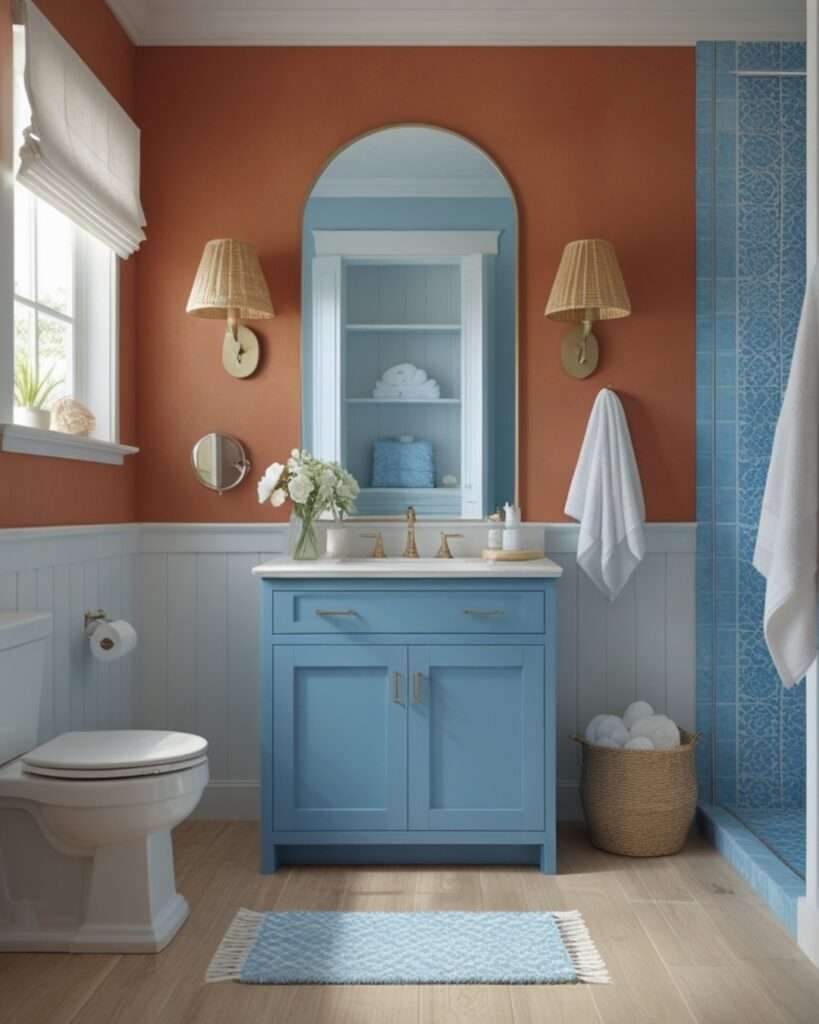 Sun-Kissed Terracotta Bathroom with Serene Sky Blue Touches