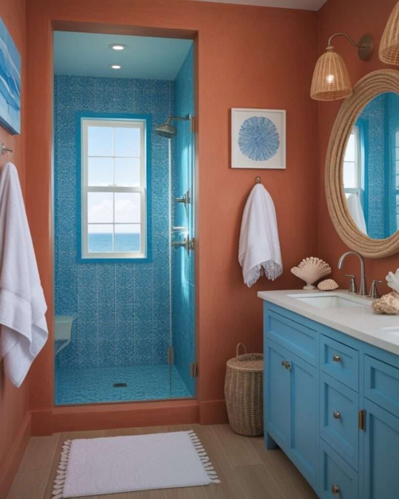 Sun-Kissed Terracotta Bathroom with Serene Sky Blue Touches