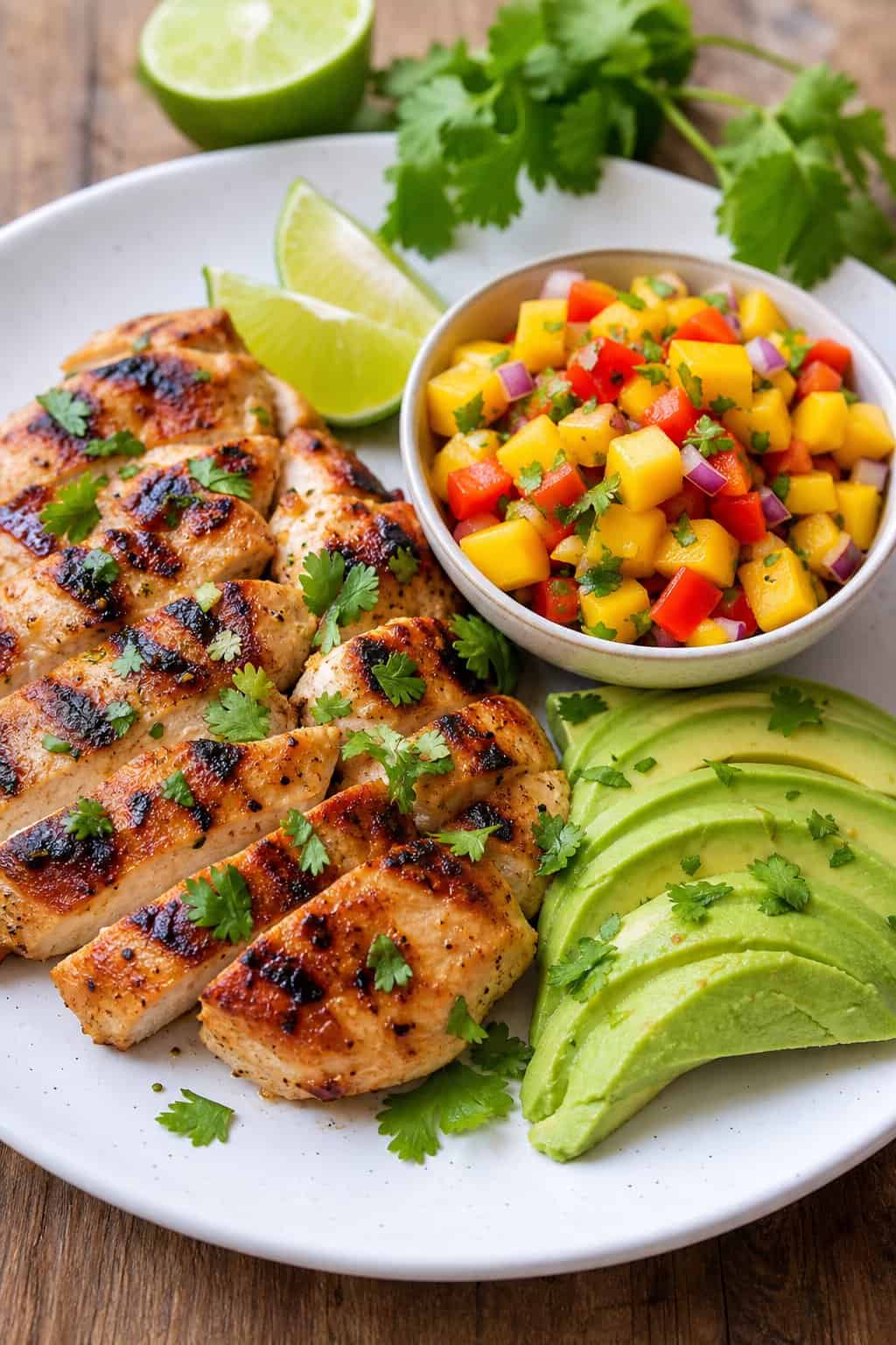 Tropical Coconut-Lime Chicken with Fresh Mango and Creamy Avocado Salsa