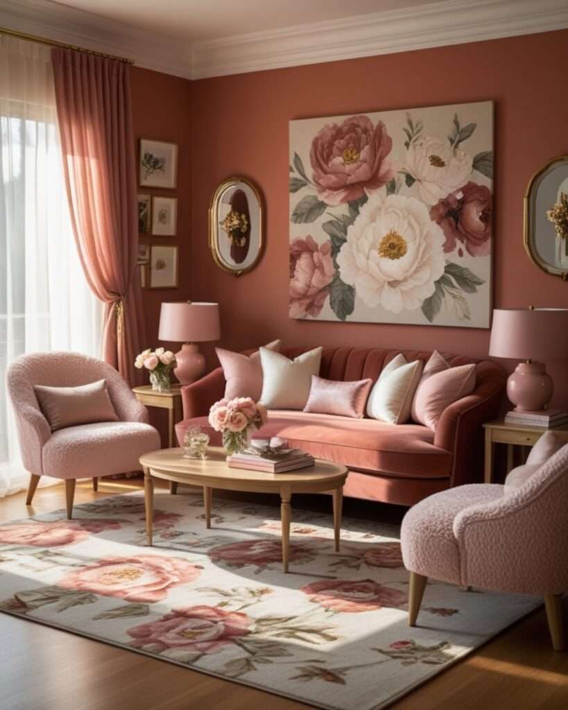 Romantic Terracotta Living Room With Blush Pink Accents