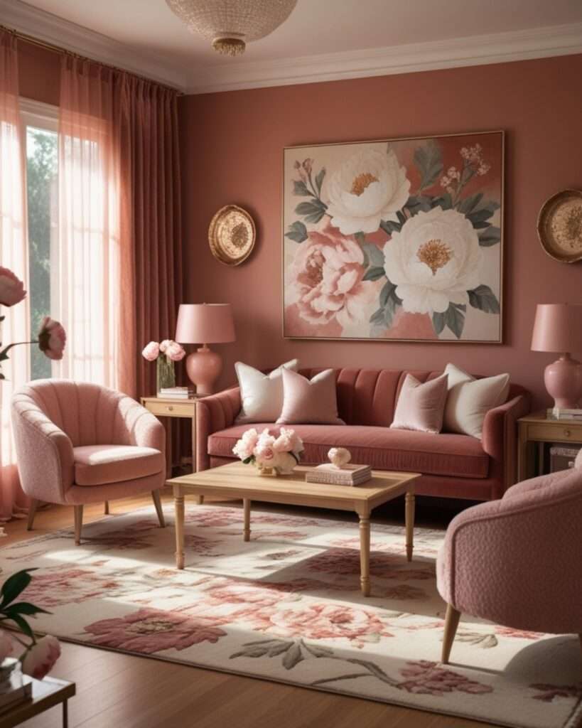 Romantic Terracotta Living Room With Blush Pink Accents