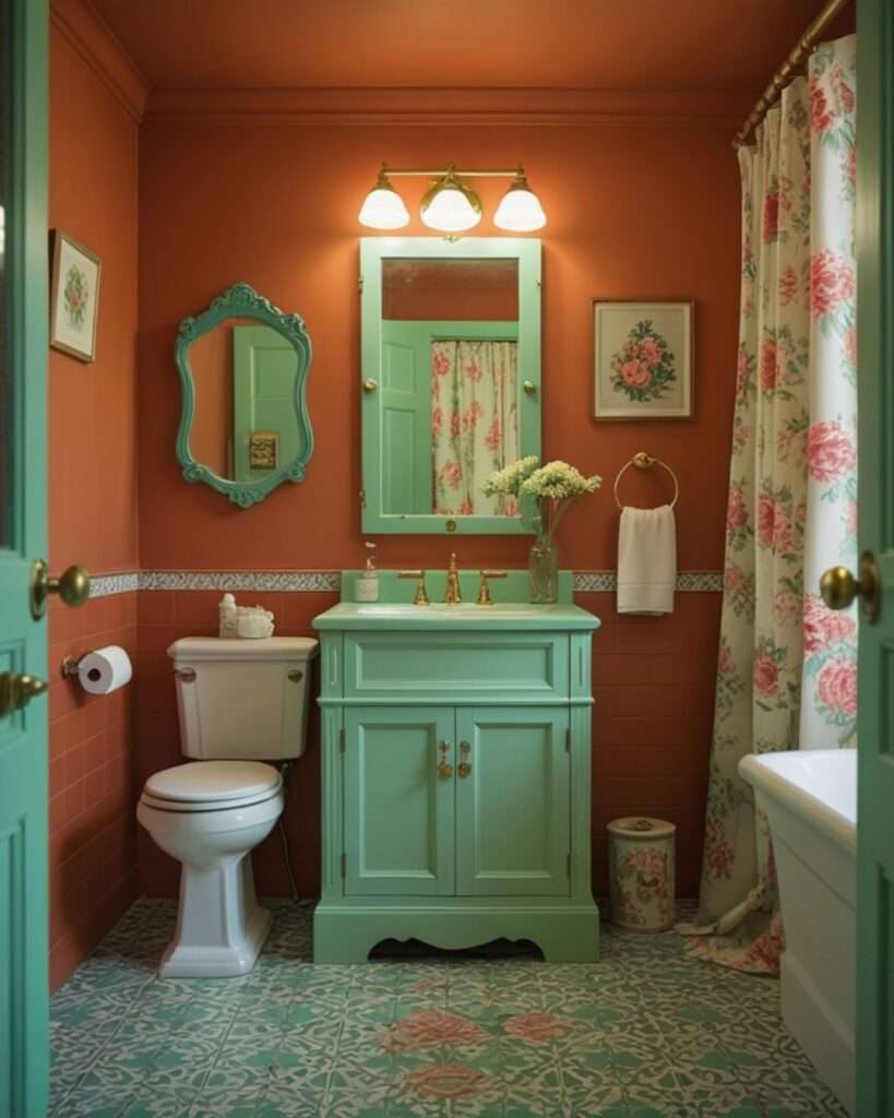 Charming Retro Bathroom with Warm Terracotta and Fresh Mint Hues