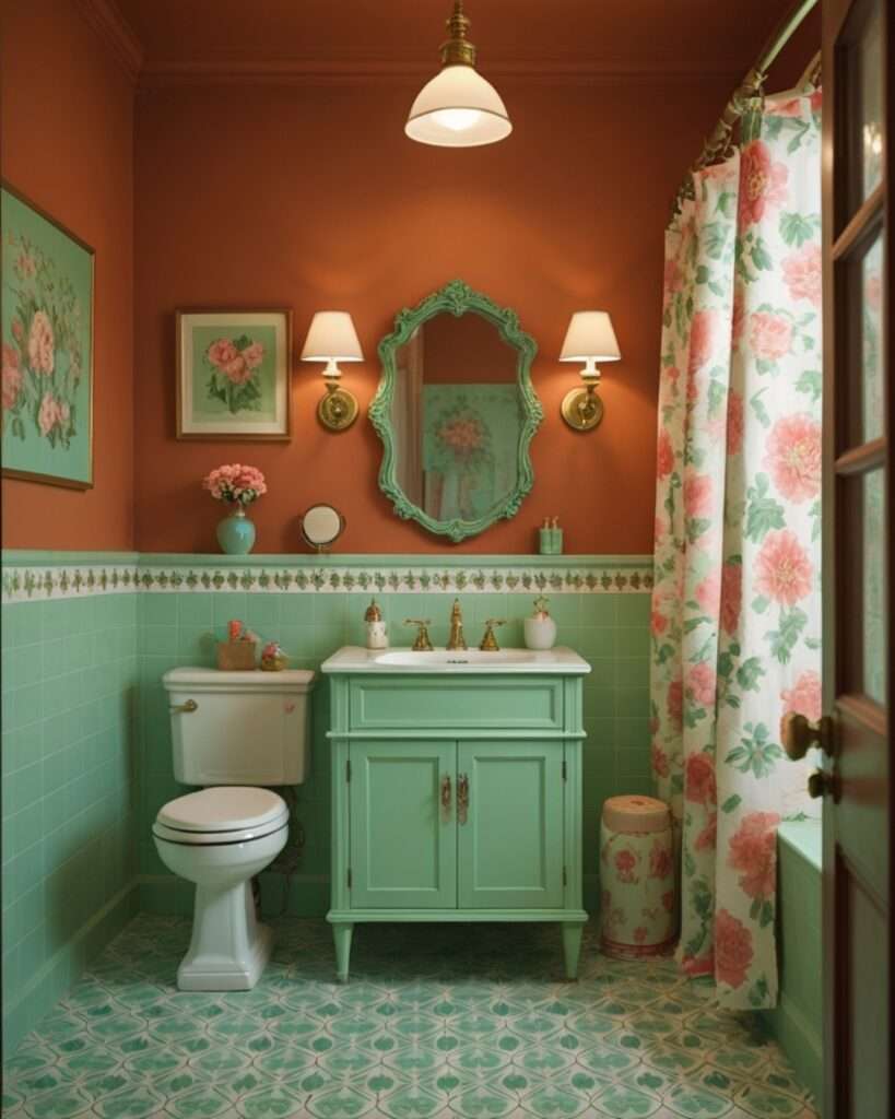 Charming Retro Bathroom with Warm Terracotta and Fresh Mint Hues