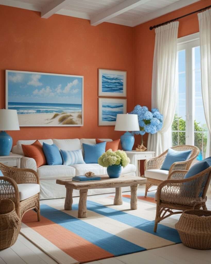 Coastal Terracotta Living Room With Sky Blue Accents